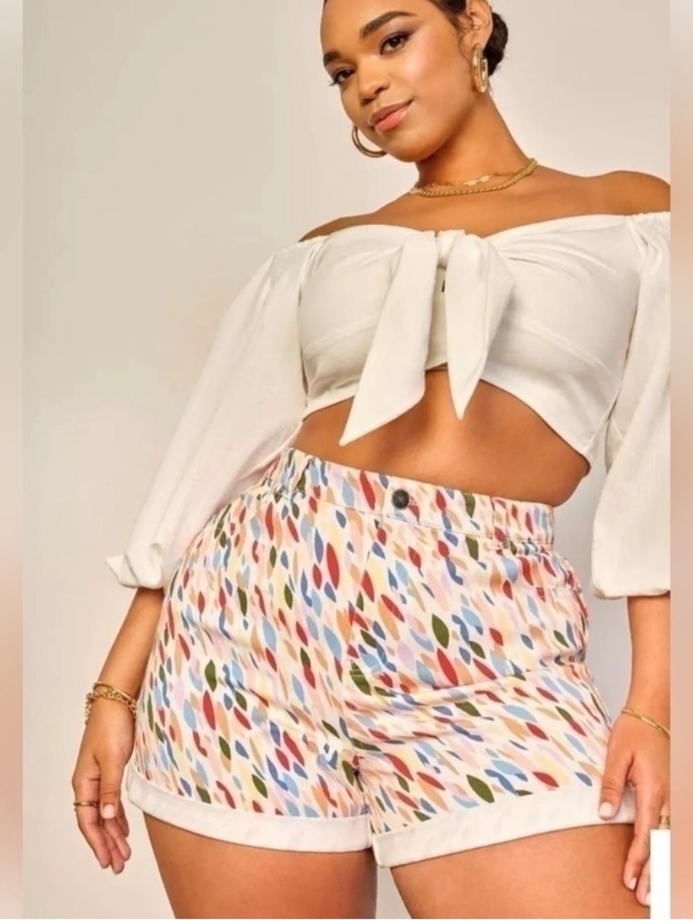 Eloquii White Multicolor Leaf-Print Denim Shorts